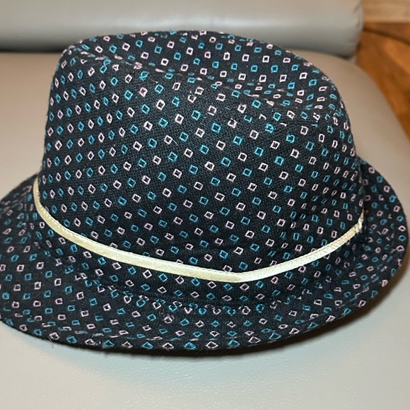 Fedora with Gold Metallic Band in Black with Pink and Teal Squares - 7-7 1/8 - Picture 3 of 6